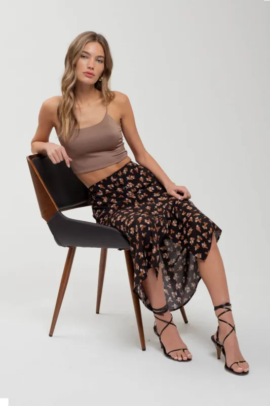 FLORAL BUTTON FRONT SPLIT HEM MIDI SKIRT sold by Blu Pepper