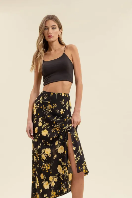 FLORAL HIGH WAIST SIDE SLIT BIAS MIDI SKIRT sold by Blu Pepper