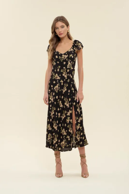 FLORAL V NECK RUFFLE SLEEVE SIDE SLIT MIDI DRESS sold by Blu Pepper