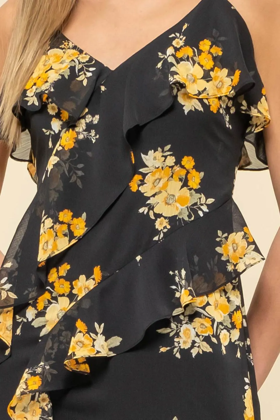 FLORAL PRINT RUFFLE WRAP SLEEVELESS MIDI DRESS sold by Blu Pepper product image thumbnail 4