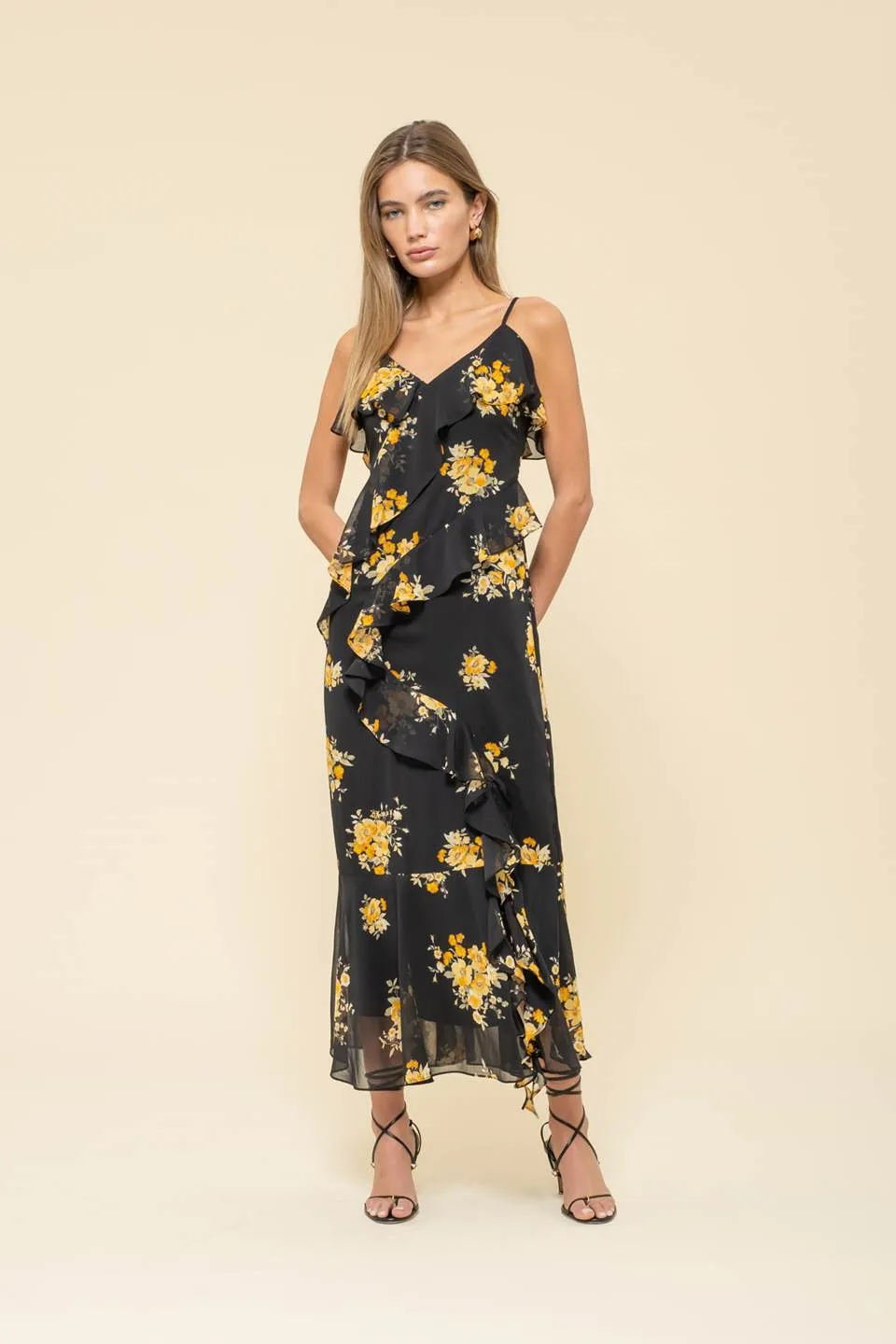 FLORAL PRINT RUFFLE WRAP SLEEVELESS MIDI DRESS sold by Blu Pepper product image thumbnail 5
