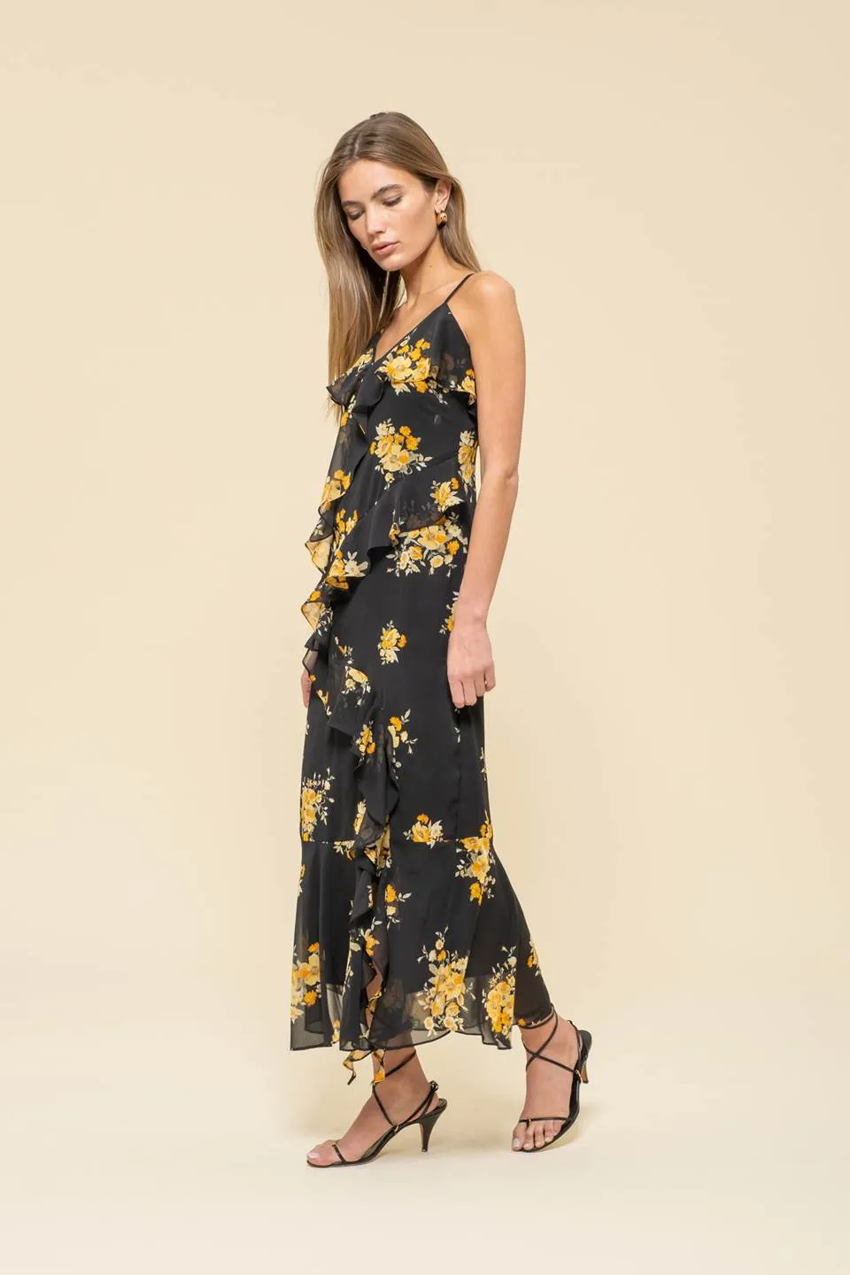 FLORAL PRINT RUFFLE WRAP SLEEVELESS MIDI DRESS sold by Blu Pepper product image thumbnail 3