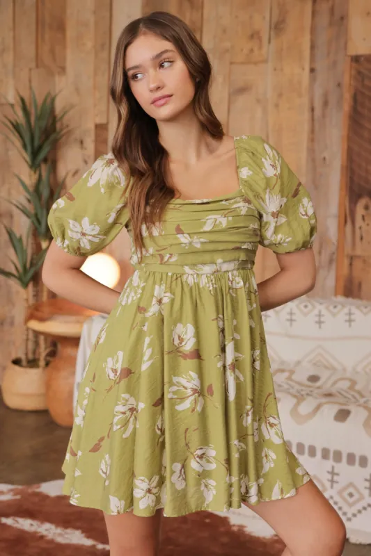 FLORAL PLEATED PUFF SLEEVE MINI DRESS sold by Blu Pepper