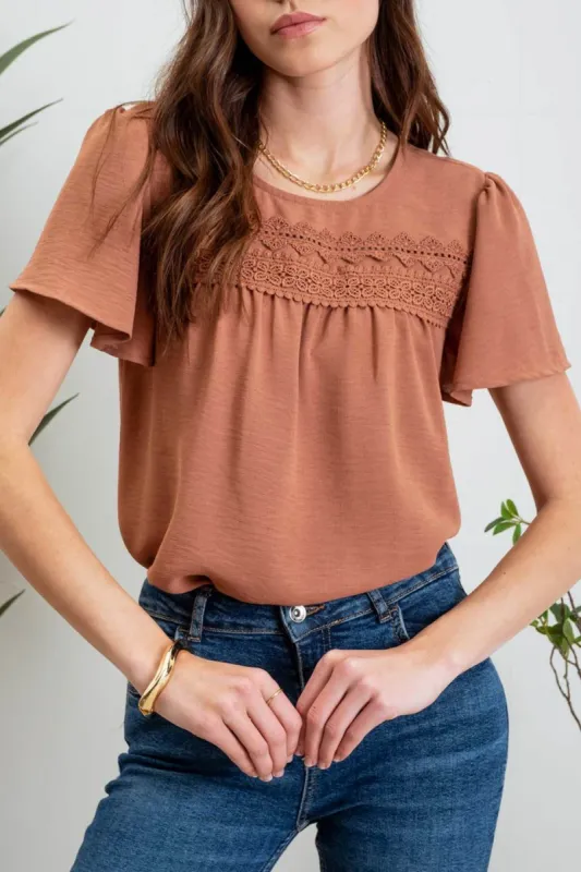 LACE TRIM SHORT BELL SLEEVE BLOUSE sold by Blu Pepper