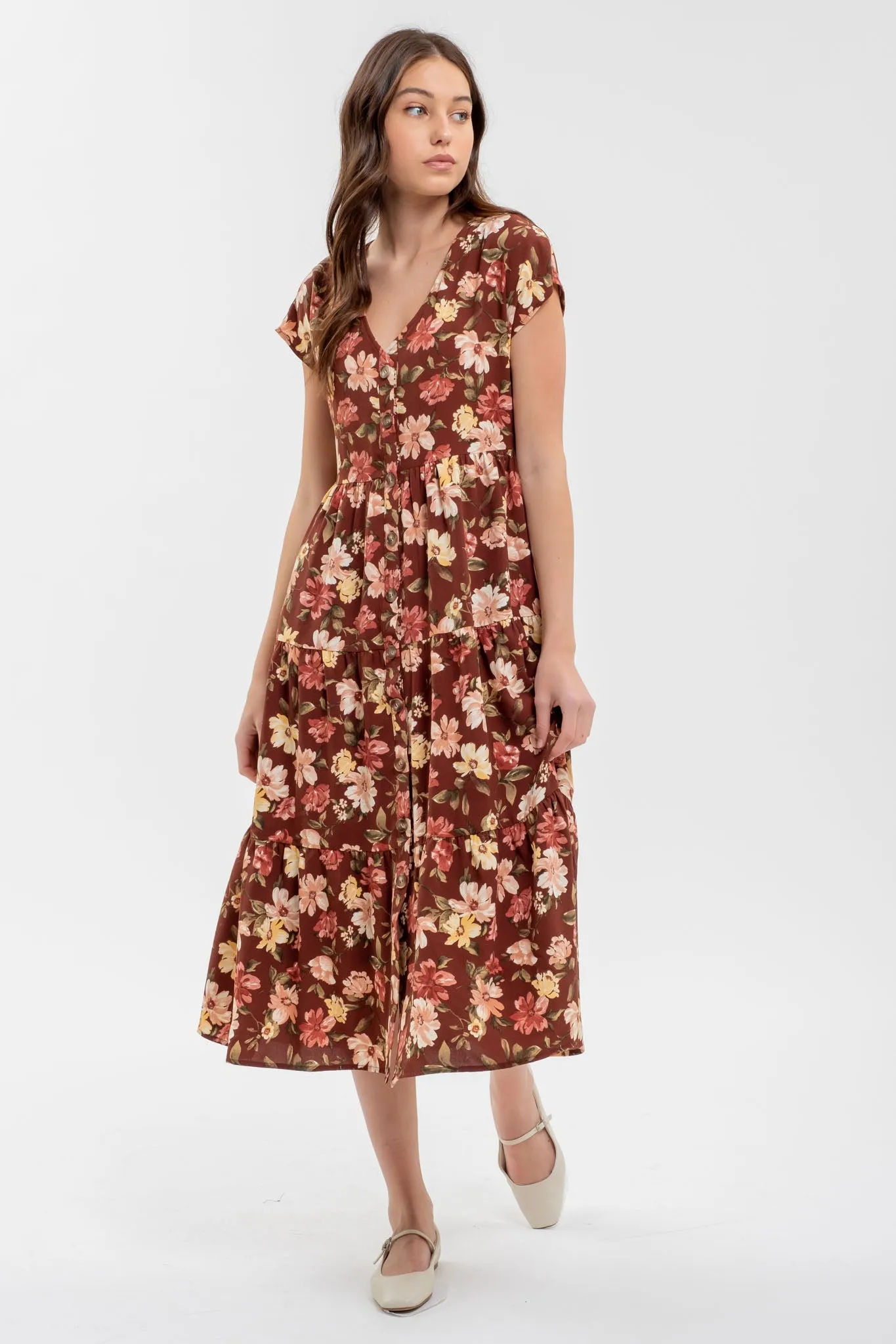 BUTTON DOWN TIERED FLORAL V NECK MIDI DRESS sold by Blu Pepper