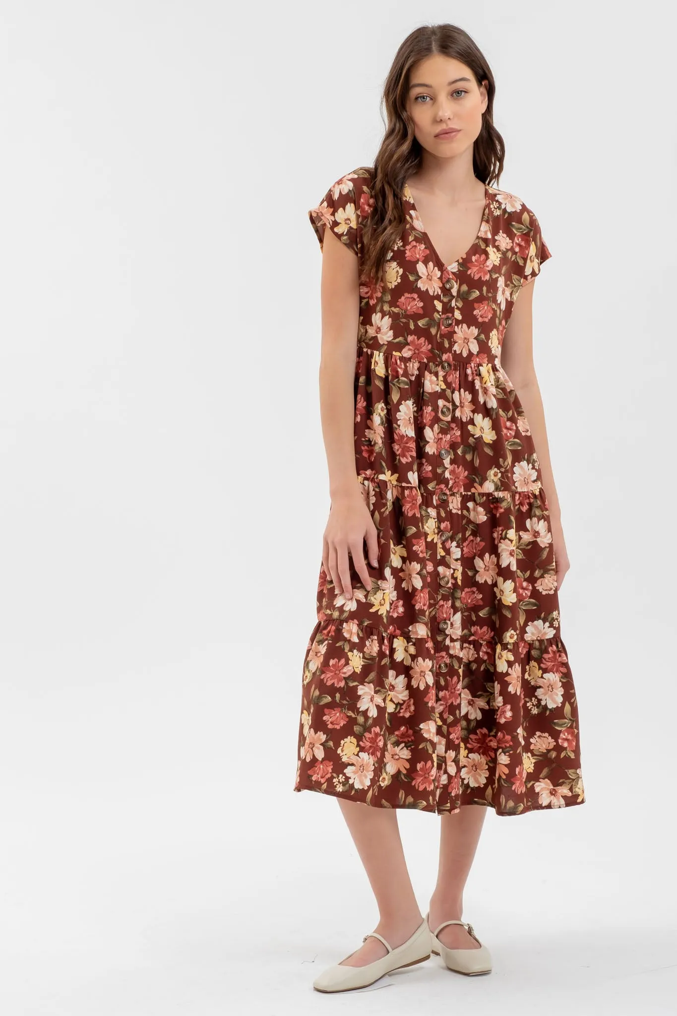 BUTTON DOWN TIERED FLORAL V NECK MIDI DRESS sold by Blu Pepper product image thumbnail 5