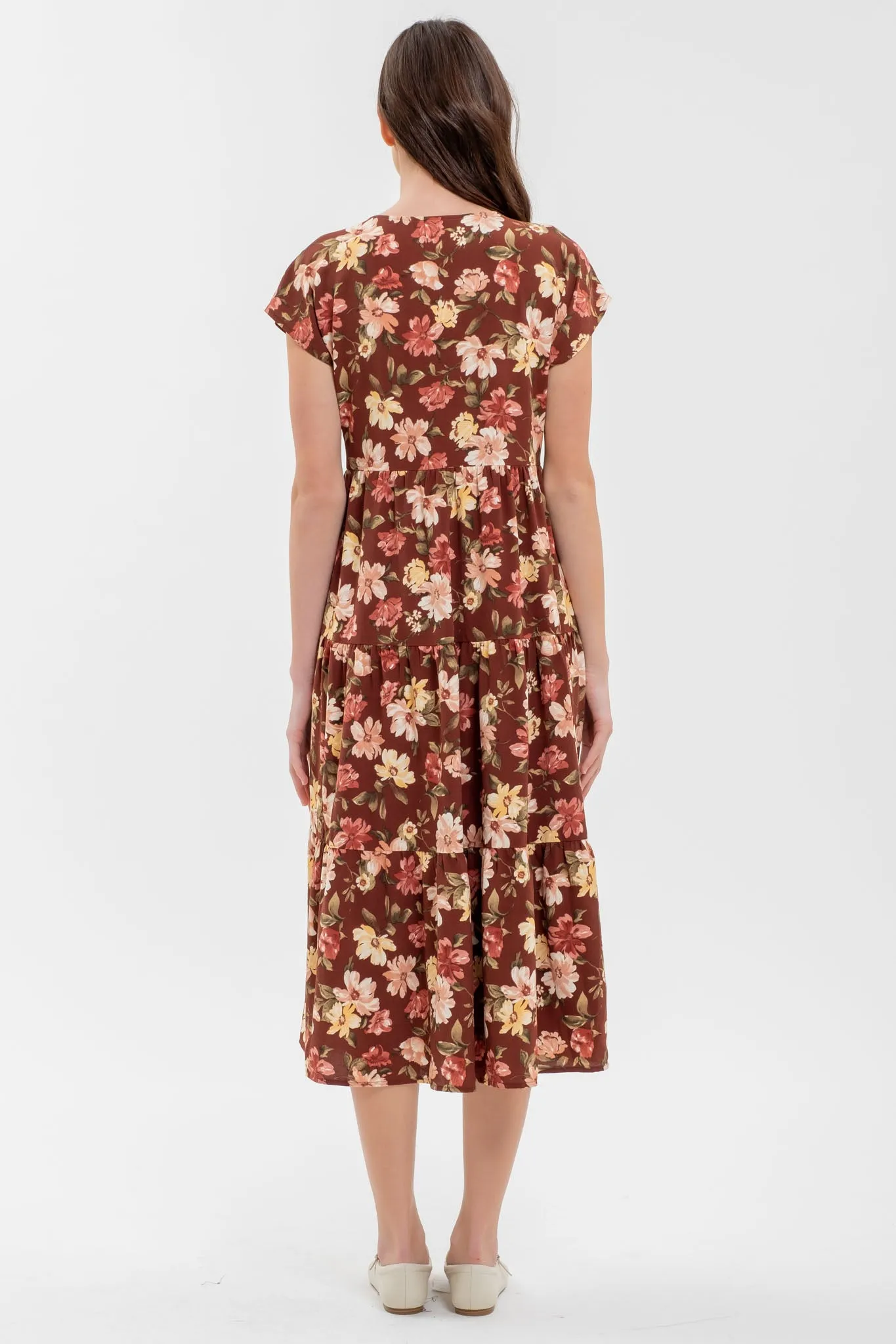 BUTTON DOWN TIERED FLORAL V NECK MIDI DRESS sold by Blu Pepper product image thumbnail 2
