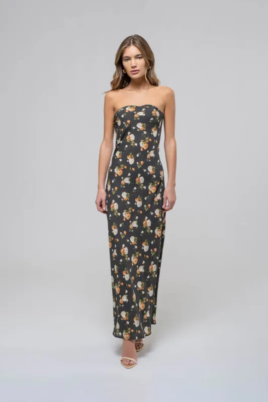 FLORAL STRAPLESS SATIN MIDI DRESS sold by Blu Pepper