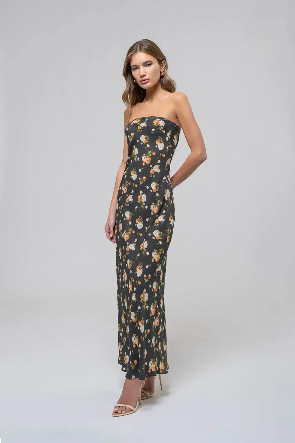 FLORAL STRAPLESS SATIN MIDI DRESS sold by Blu Pepper product image thumbnail 3