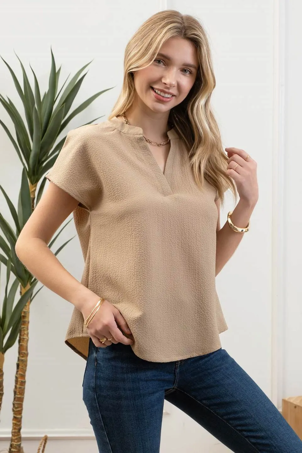 SPLIT NECK DROP SHOULDER LIGHTWEIGHT BLOUSE sold by Blu Pepper product image thumbnail 3