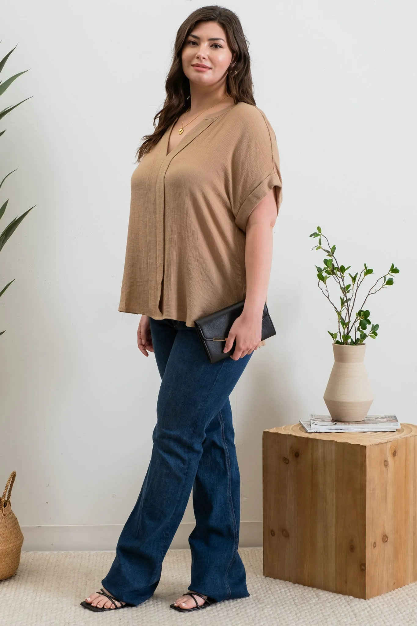 PLUS SPLIT NECK SHORT CUFF SLEEVE TOP sold by Blu Pepper product image thumbnail 3