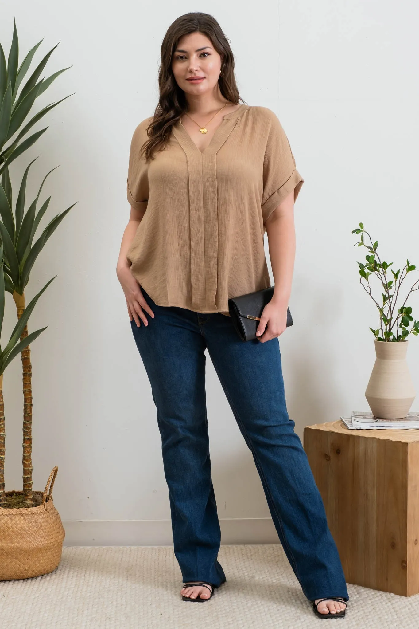 PLUS SPLIT NECK SHORT CUFF SLEEVE TOP sold by Blu Pepper product image thumbnail 5