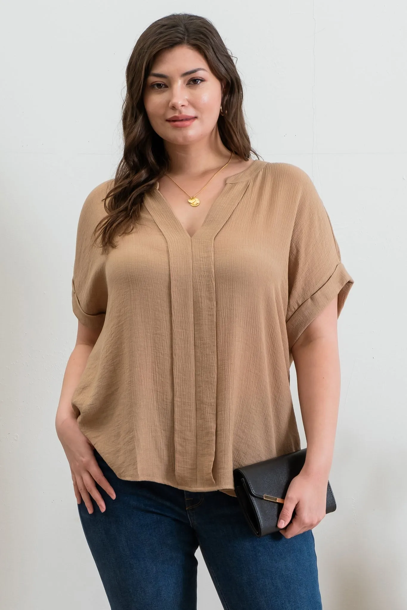 PLUS SPLIT NECK SHORT CUFF SLEEVE TOP sold by Blu Pepper
