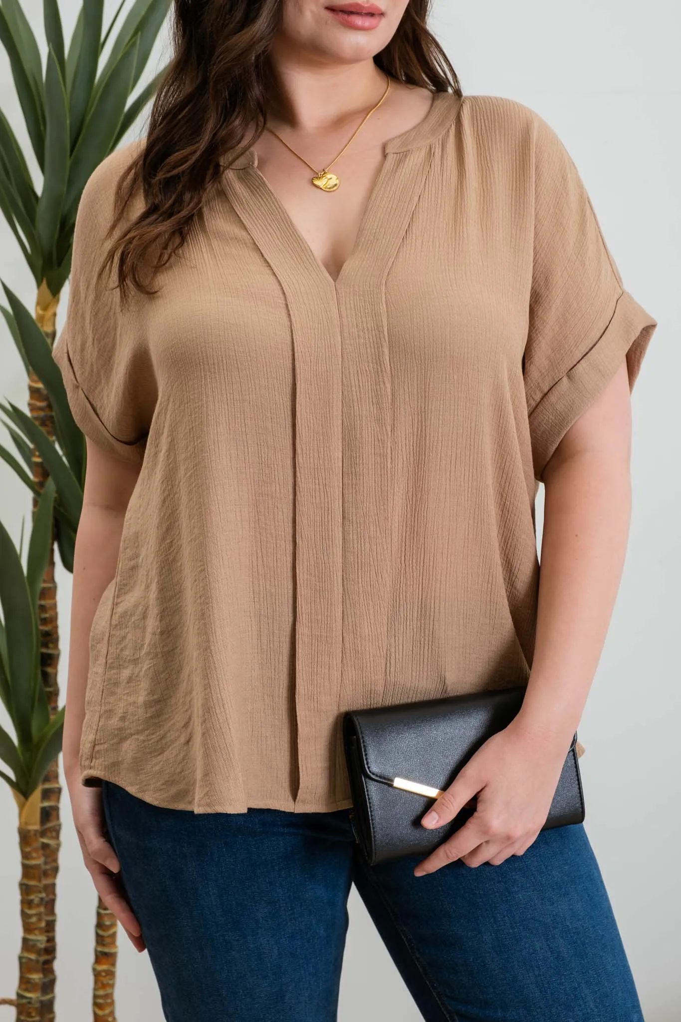 PLUS SPLIT NECK SHORT CUFF SLEEVE TOP sold by Blu Pepper product image thumbnail 4