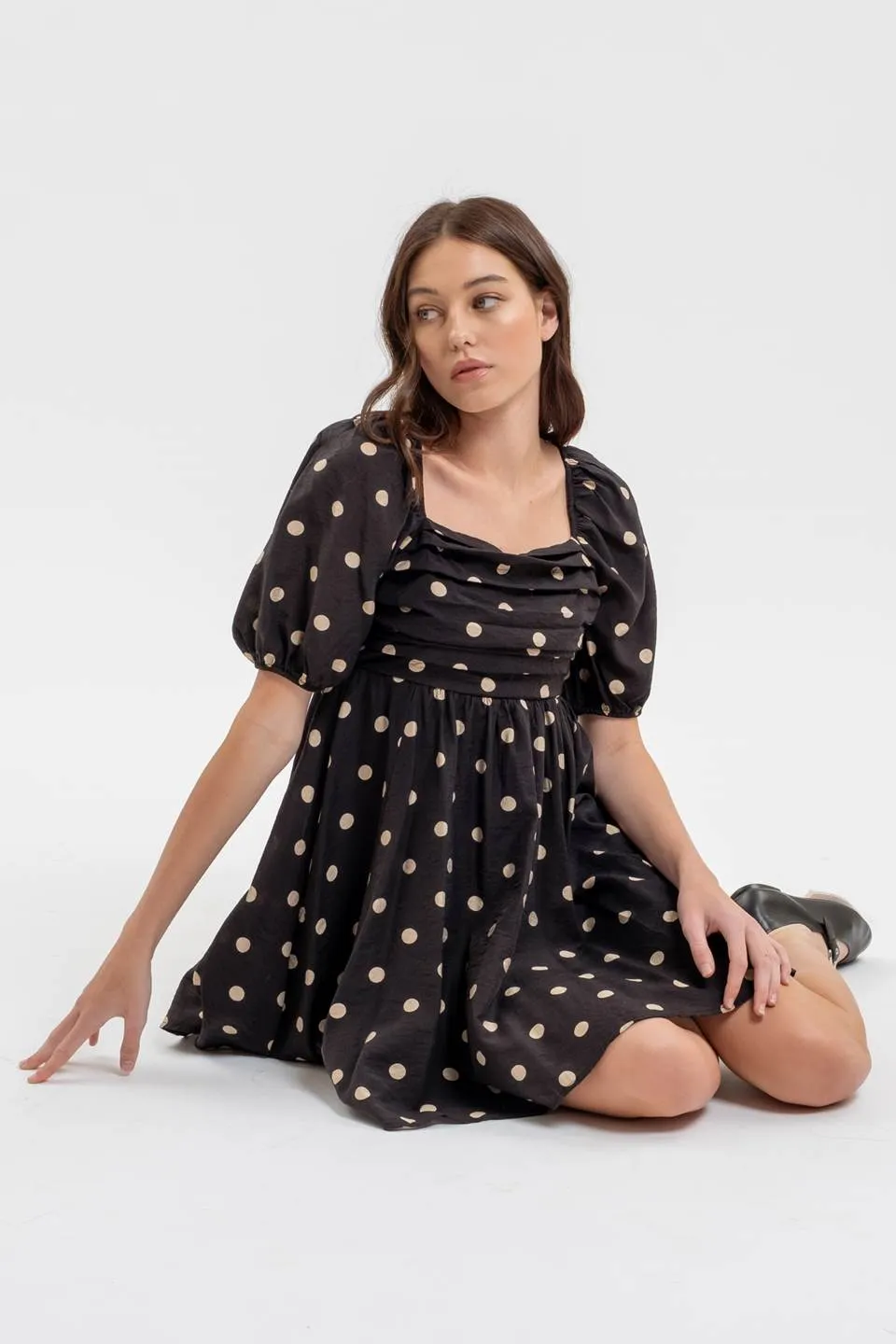 POLKA DOT BALLOON SLEEVE PLEATED MINI DRESS sold by Blu Pepper