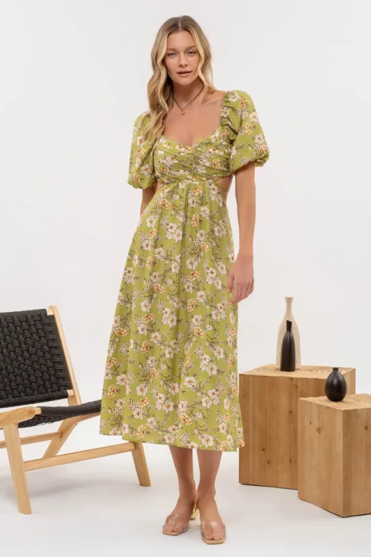FLORAL PUFF SLEEVE CUT OUT MIDI DRESS sold by Blu Pepper
