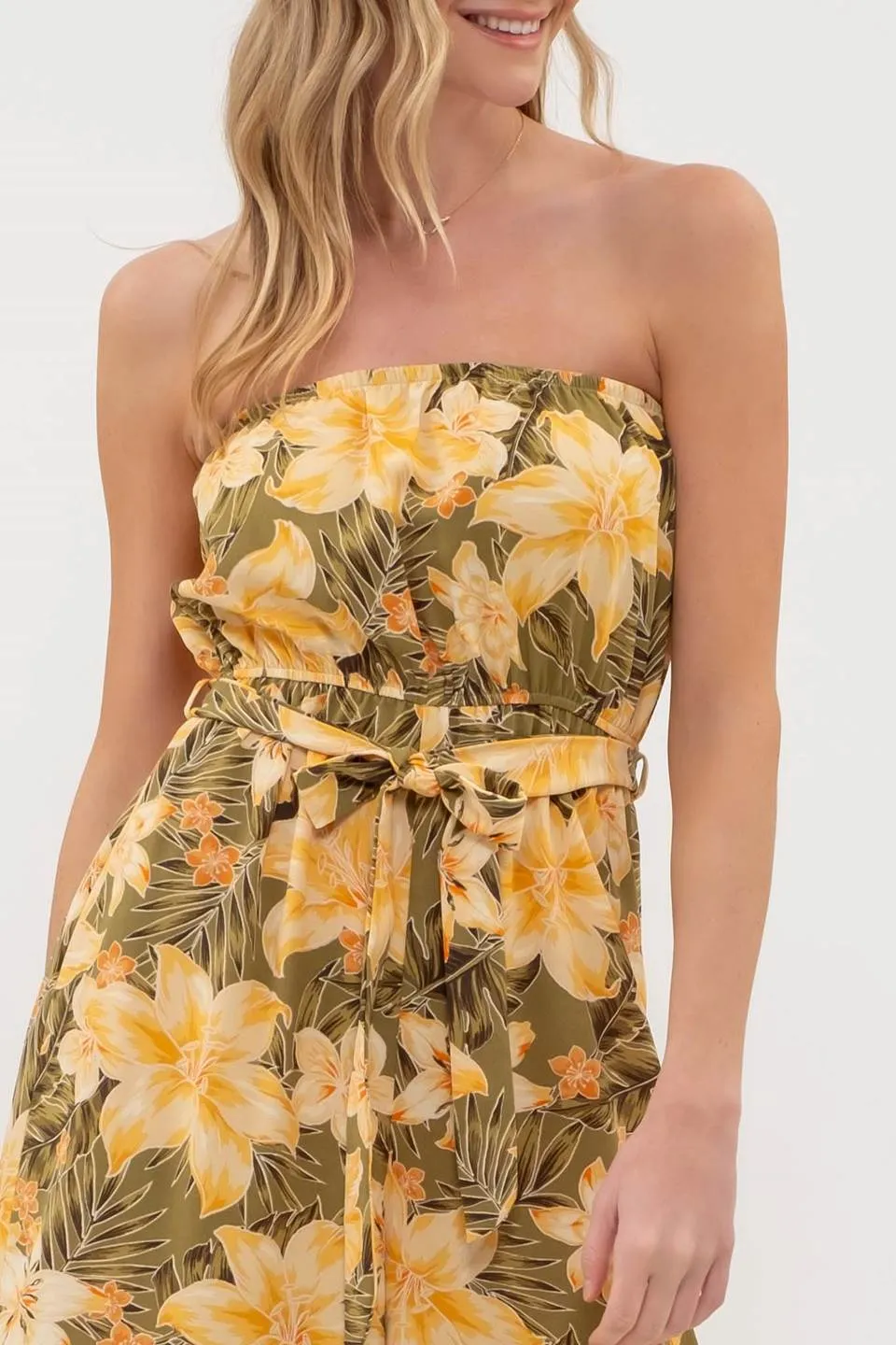 TROPICAL FLORAL PRINT BELTED SLEEVELESS ROMPER sold by Blu Pepper product image thumbnail 4