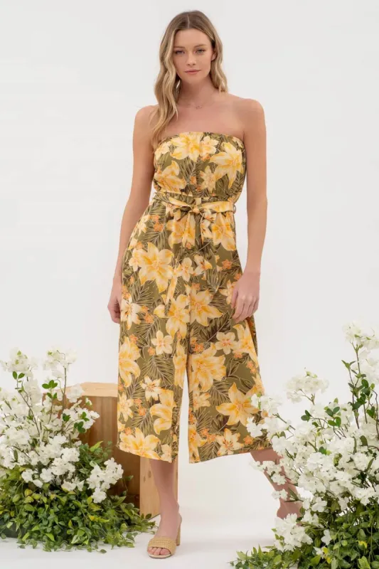 TROPICAL FLORAL PRINT BELTED SLEEVELESS ROMPER sold by Blu Pepper