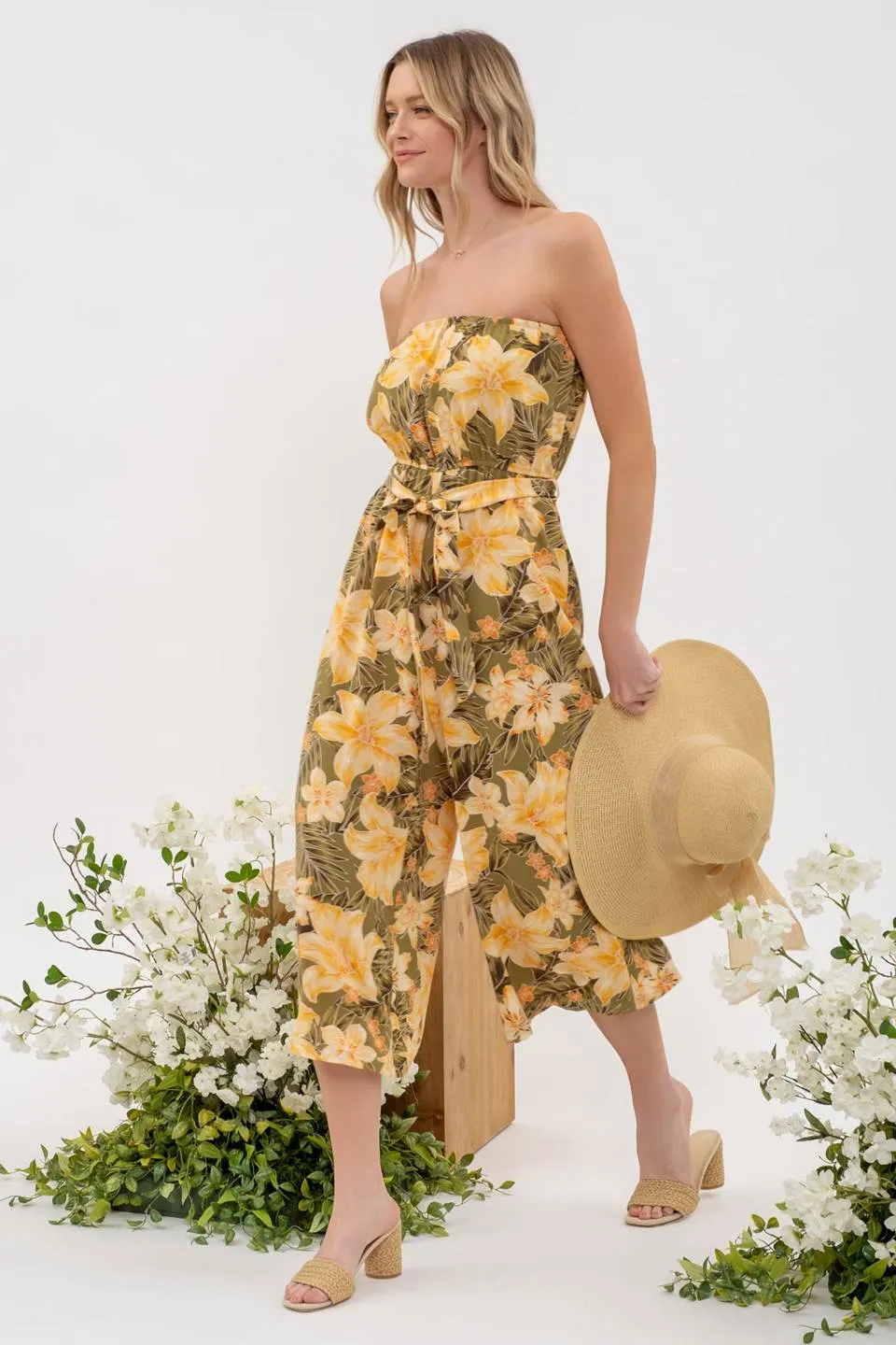 TROPICAL FLORAL PRINT BELTED SLEEVELESS ROMPER sold by Blu Pepper product image thumbnail 3