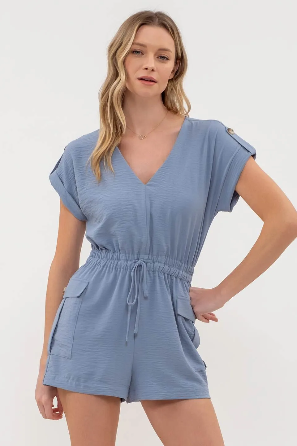 V NECK SHORT SLEEVE DRAWSTRING ROMPER sold by Blu Pepper