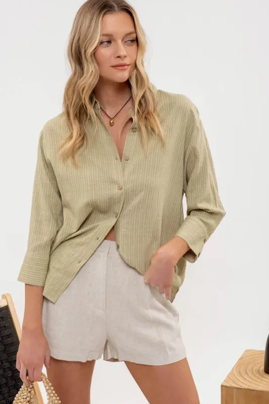 STRIPE COLLARED BUTTON DOWN TAB SLEEVE SHIRT sold by Blu Pepper