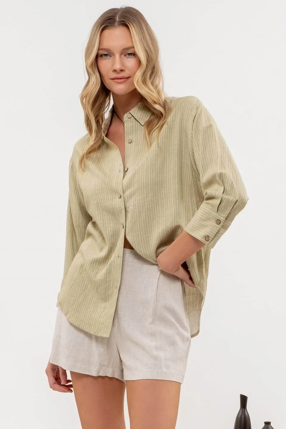 STRIPE COLLARED BUTTON DOWN TAB SLEEVE SHIRT sold by Blu Pepper product image thumbnail 5