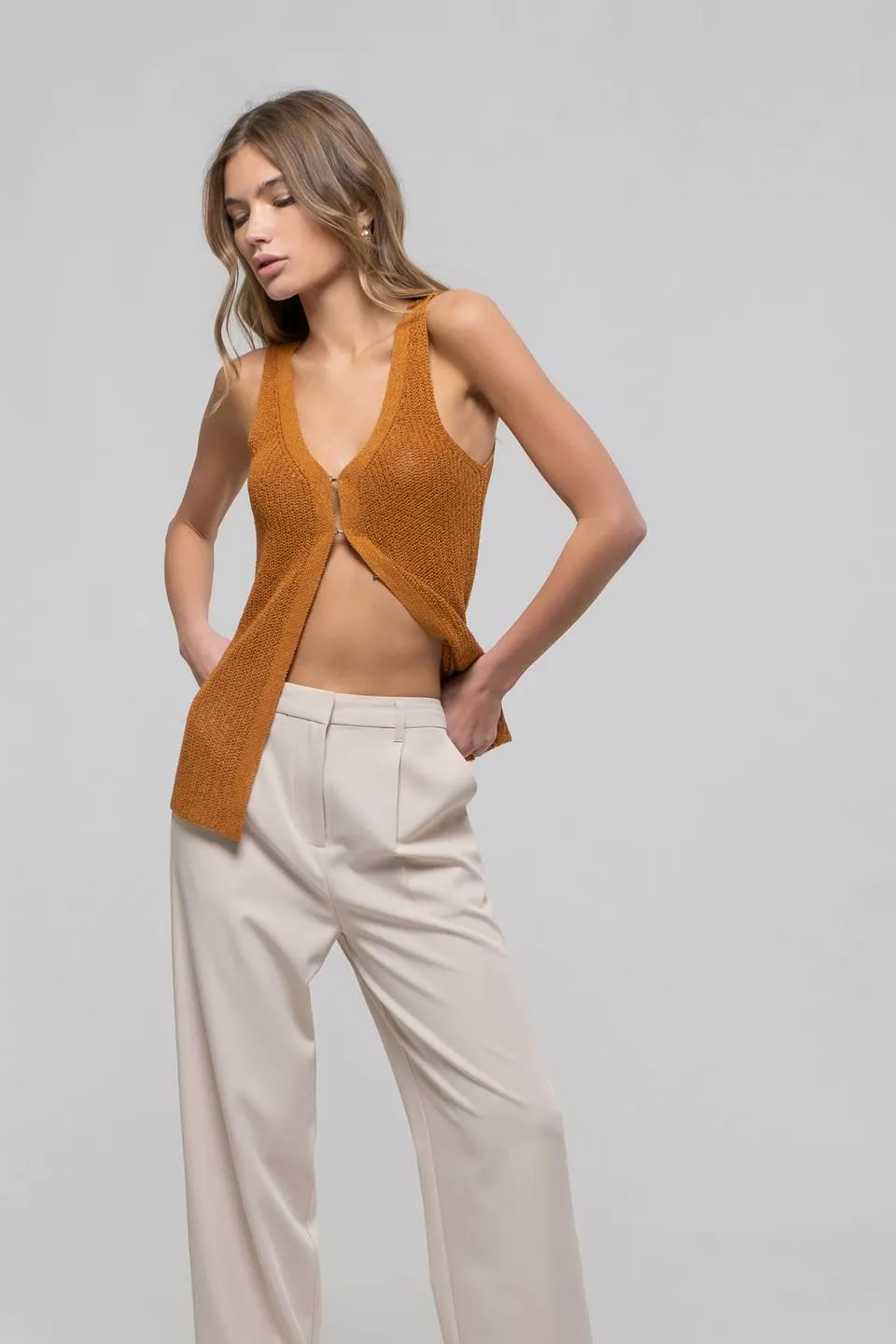 V NECK LONGLINE CROCHET KNIT SWEATER VEST sold by Blu Pepper product image thumbnail 5