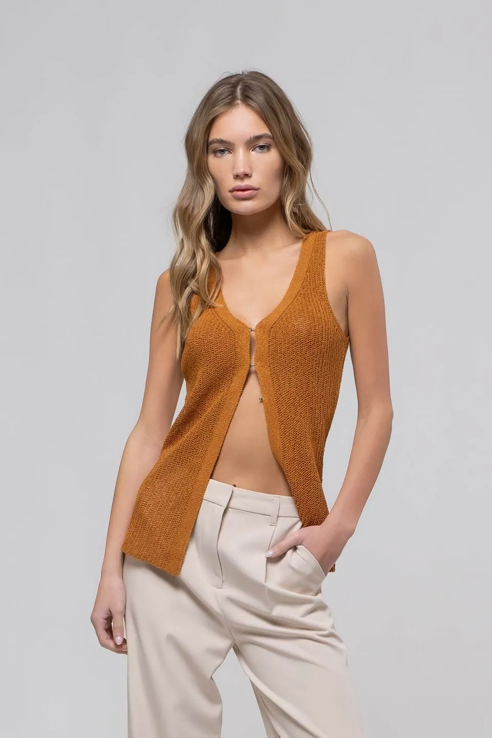 V NECK LONGLINE CROCHET KNIT SWEATER VEST sold by Blu Pepper product image thumbnail 4