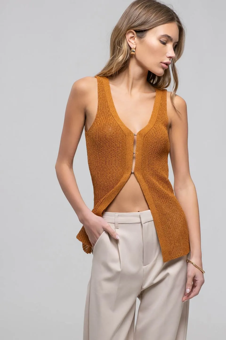 V NECK LONGLINE CROCHET KNIT SWEATER VEST sold by Blu Pepper
