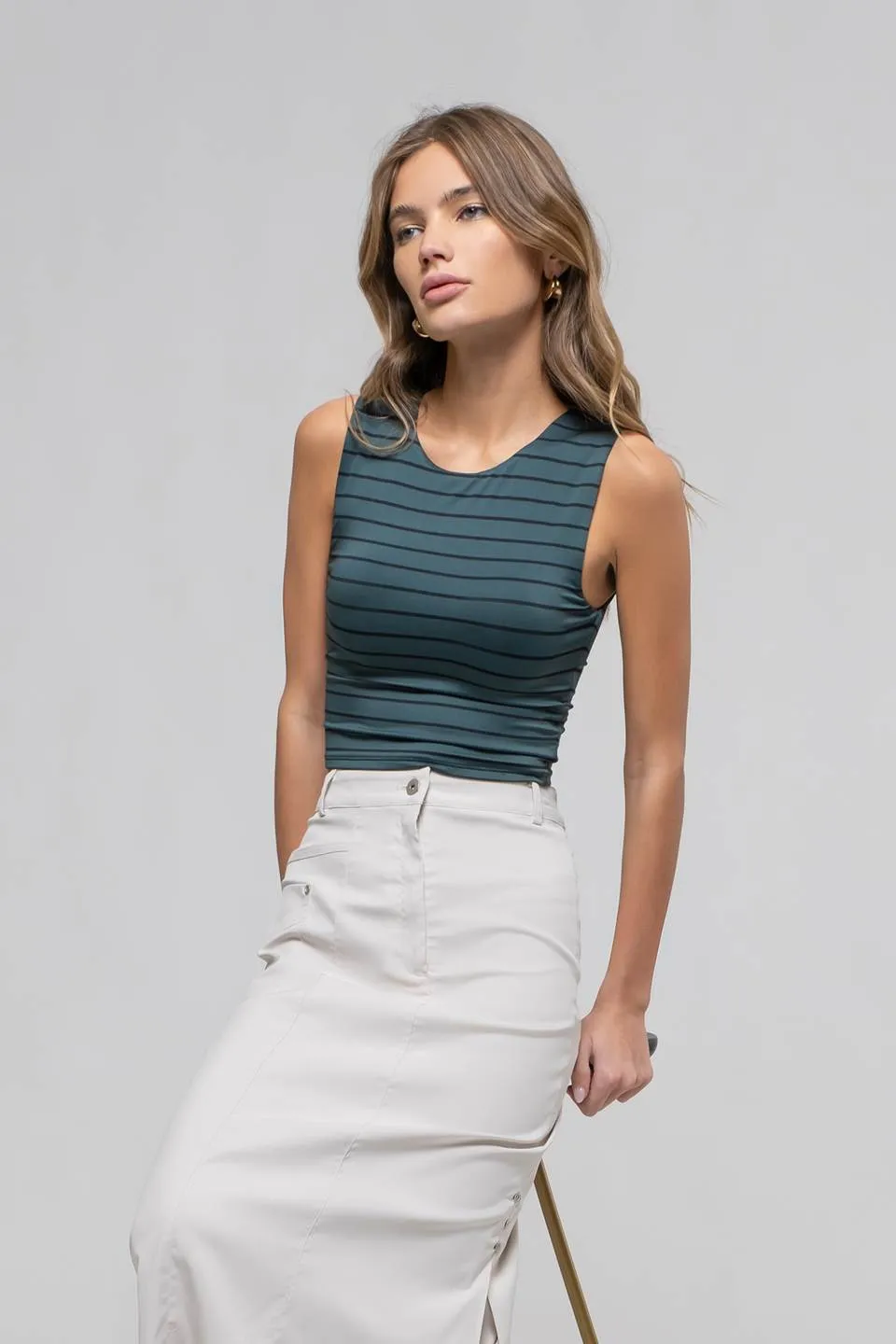 STRIPE ROUND NECK SLEEVELESS CROP TOP sold by Blu Pepper