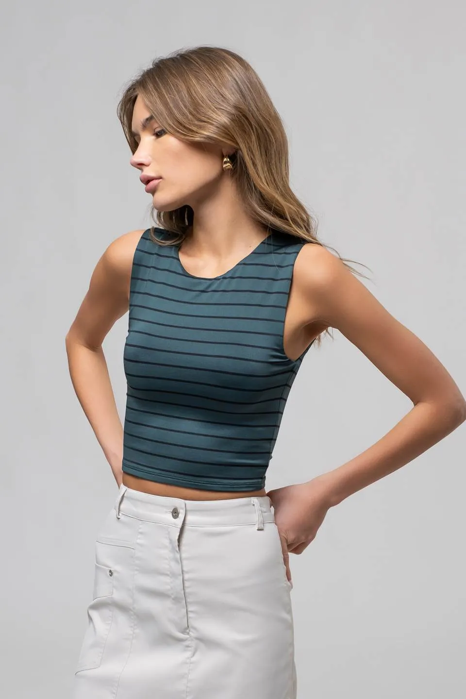 STRIPE ROUND NECK SLEEVELESS CROP TOP sold by Blu Pepper product image thumbnail 3