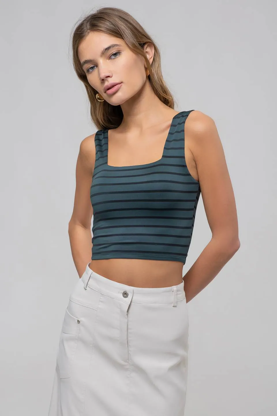 STRIPE SQUARE NECK SLEEVELESS KNIT CROP TOP sold by Blu Pepper
