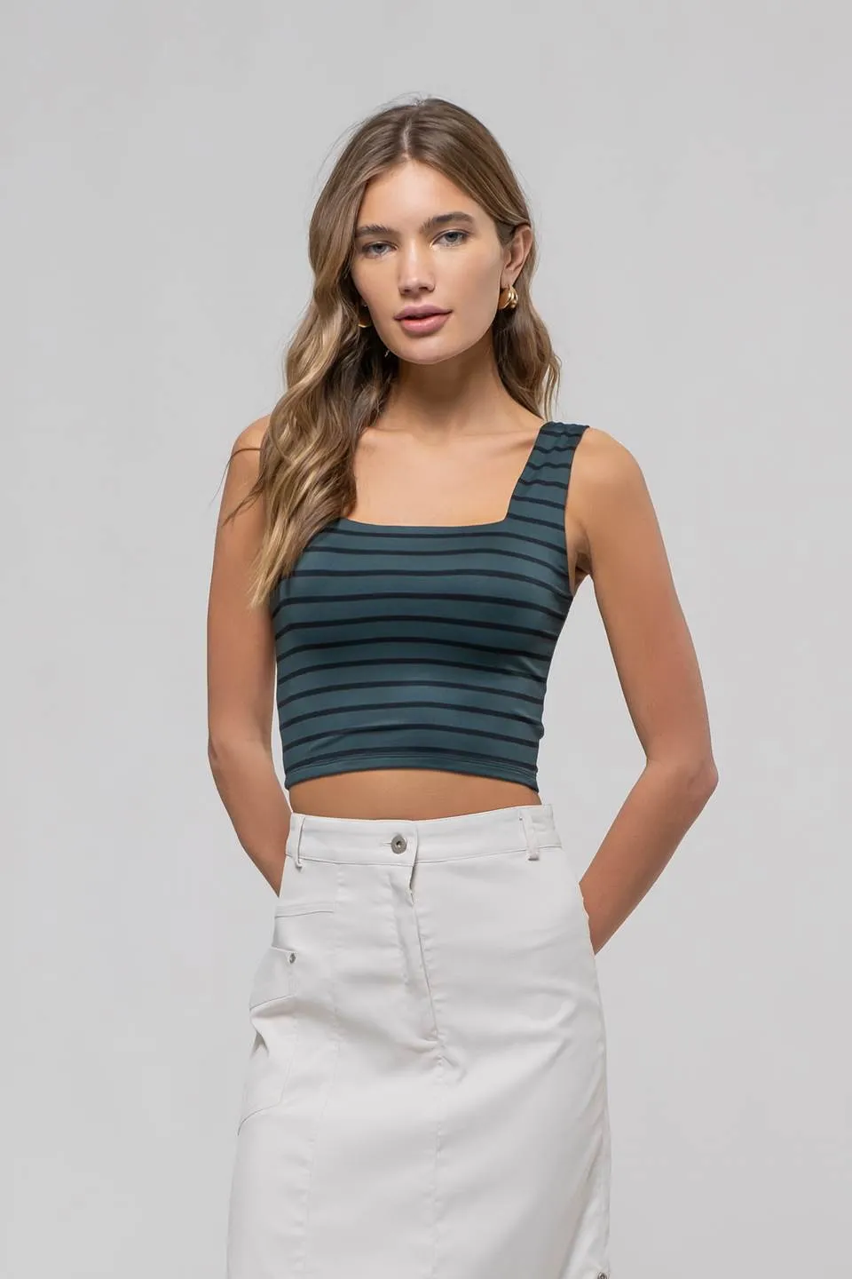 STRIPE SQUARE NECK SLEEVELESS KNIT CROP TOP sold by Blu Pepper product image thumbnail 5