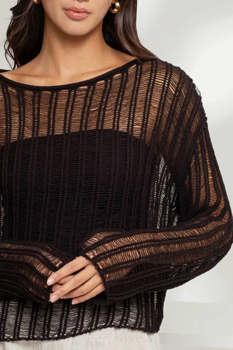 SHEER CROCHET LADDER KNIT PULLOVER SWEATER sold by Blu Pepper product image thumbnail 4