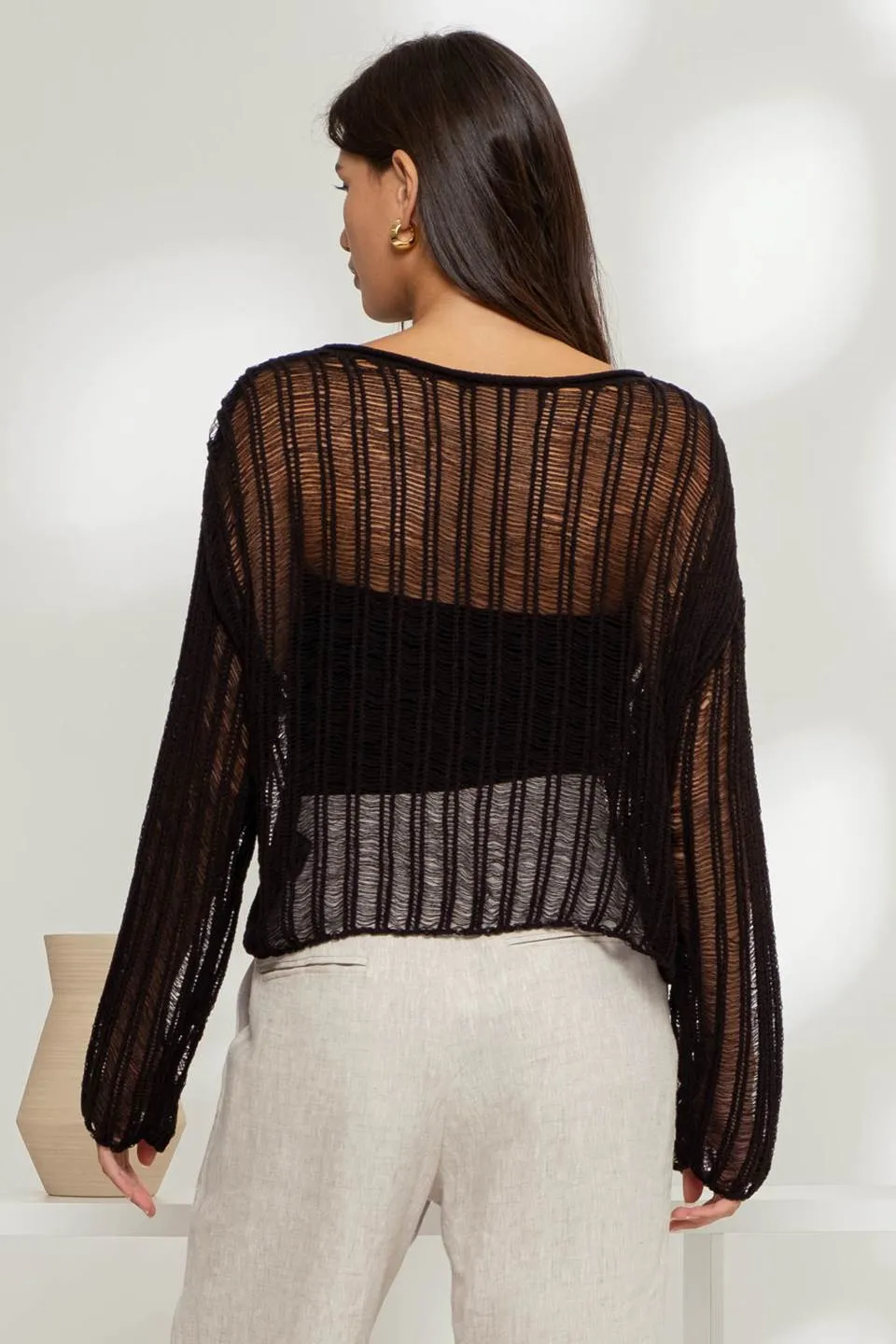 SHEER CROCHET LADDER KNIT PULLOVER SWEATER sold by Blu Pepper product image thumbnail 2