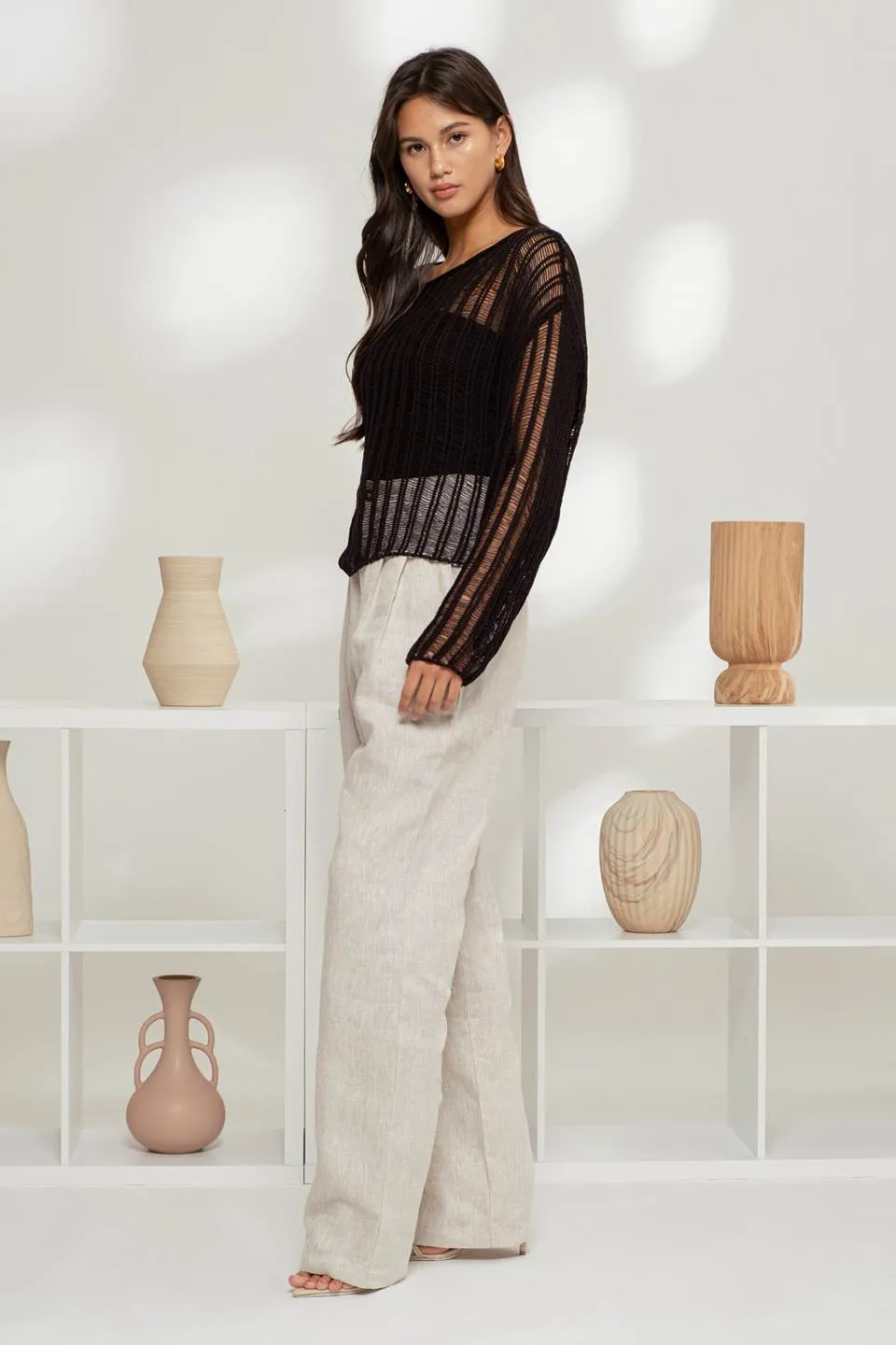 SHEER CROCHET LADDER KNIT PULLOVER SWEATER sold by Blu Pepper product image thumbnail 3