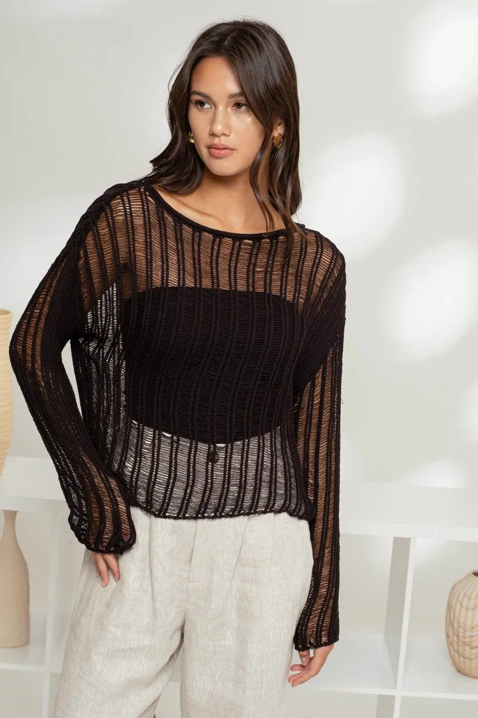 SHEER CROCHET LADDER KNIT PULLOVER SWEATER sold by Blu Pepper