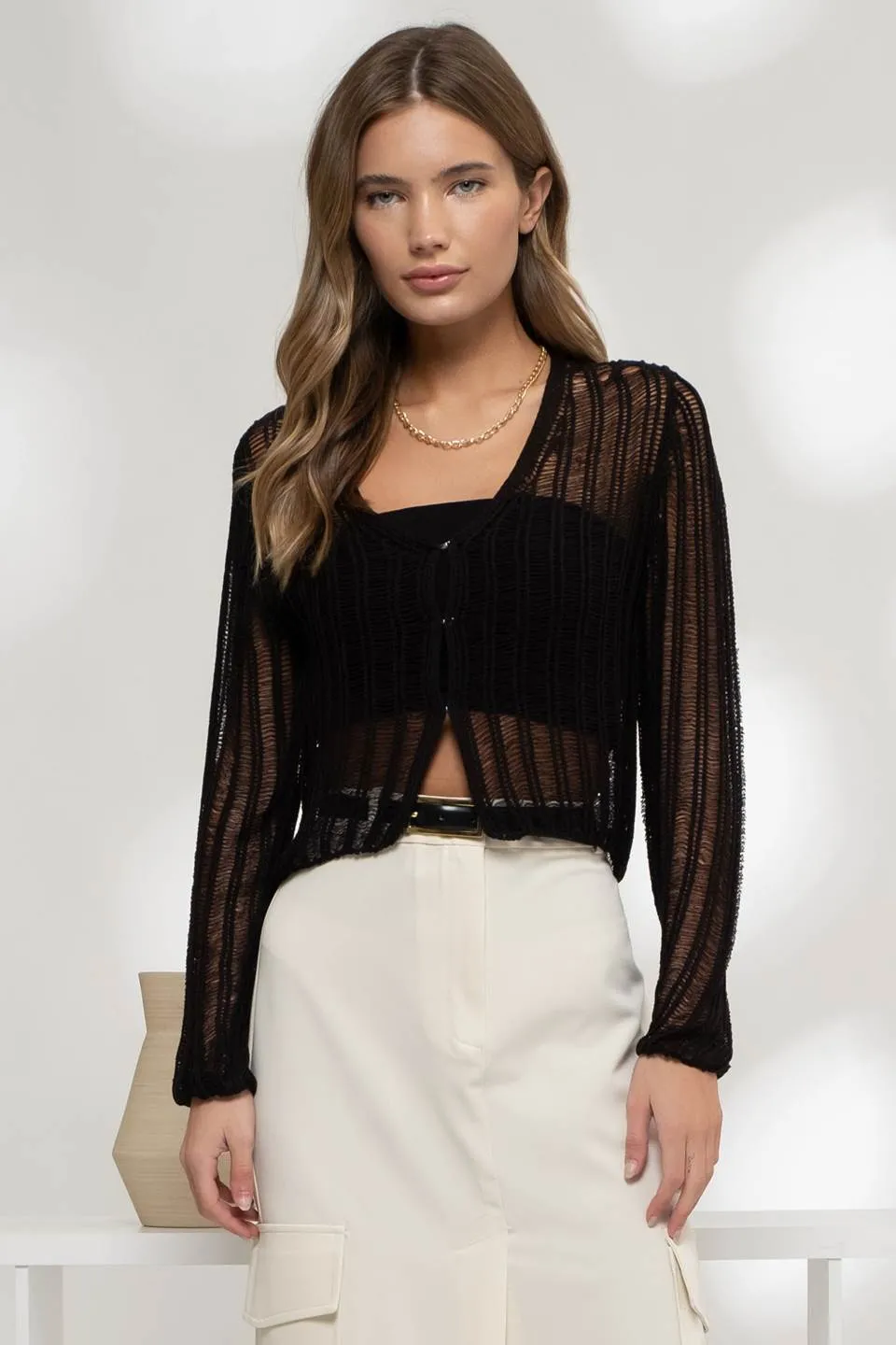 FRONT HOOK AND EYE CROCHET KNIT CARDIGAN sold by Blu Pepper