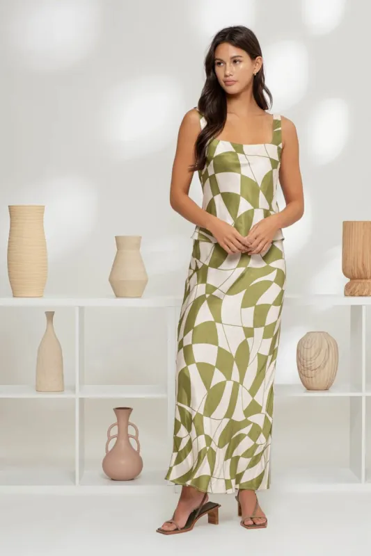 GEO CHECKERED PRINT SATIN MIDI SKIRT sold by Blu Pepper