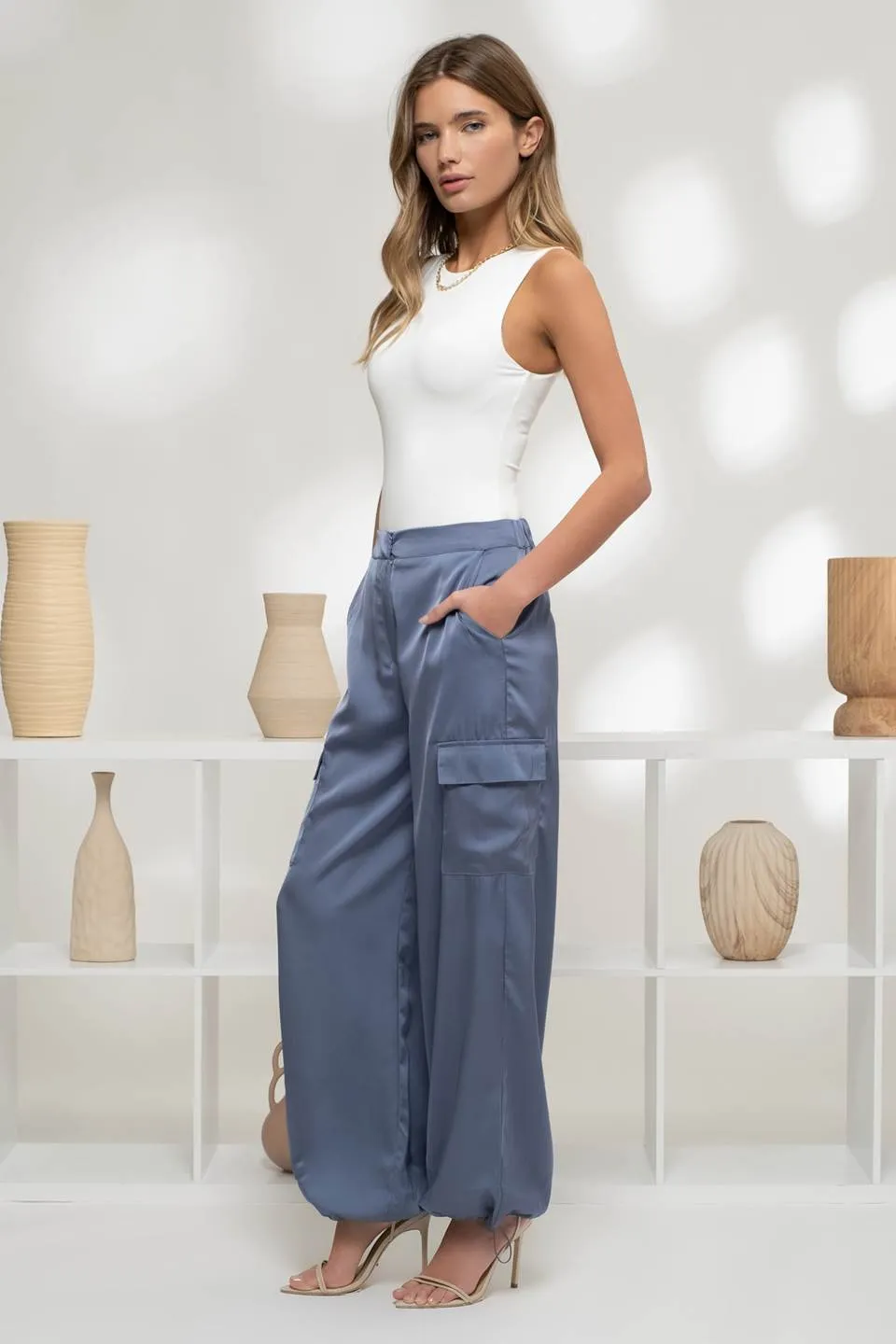 HIGH WAIST SATIN CARGO JOGGER PANTS sold by Blu Pepper product image thumbnail 3