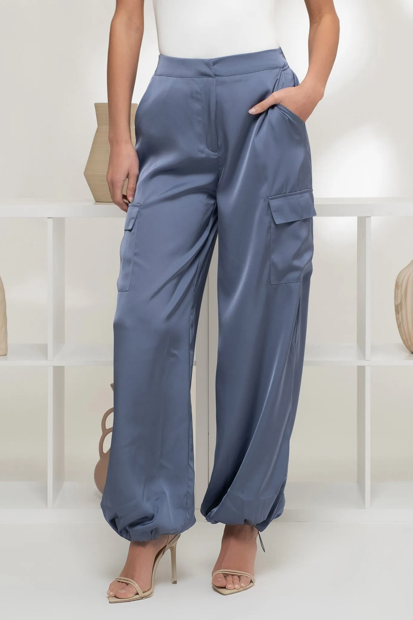 HIGH WAIST SATIN CARGO JOGGER PANTS sold by Blu Pepper
