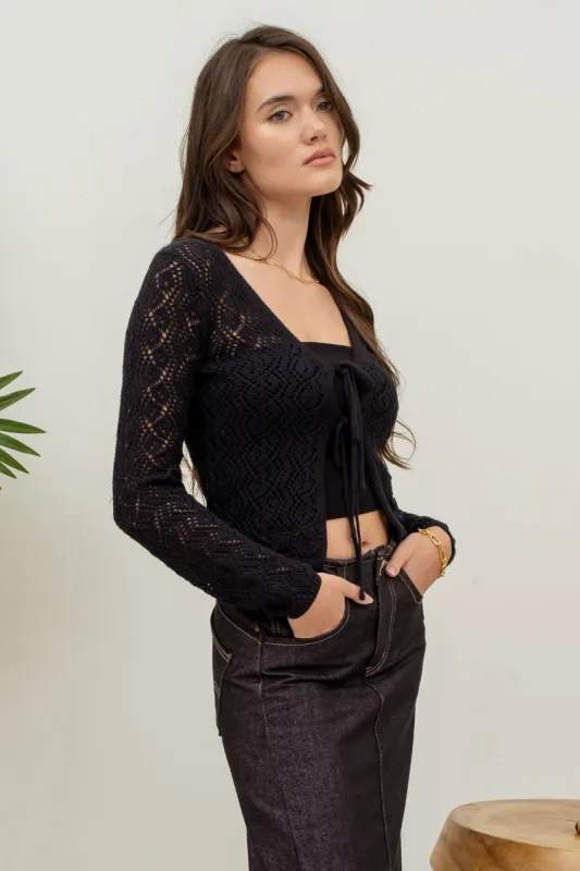 CROCHET FRONT TIE CARDIGAN sold by Blu Pepper