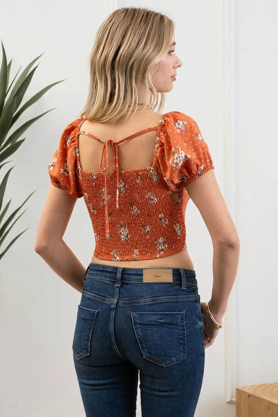 FLORAL AND DOT PRINT PUFF SLEEVE CROP TOP sold by Blu Pepper product image thumbnail 2