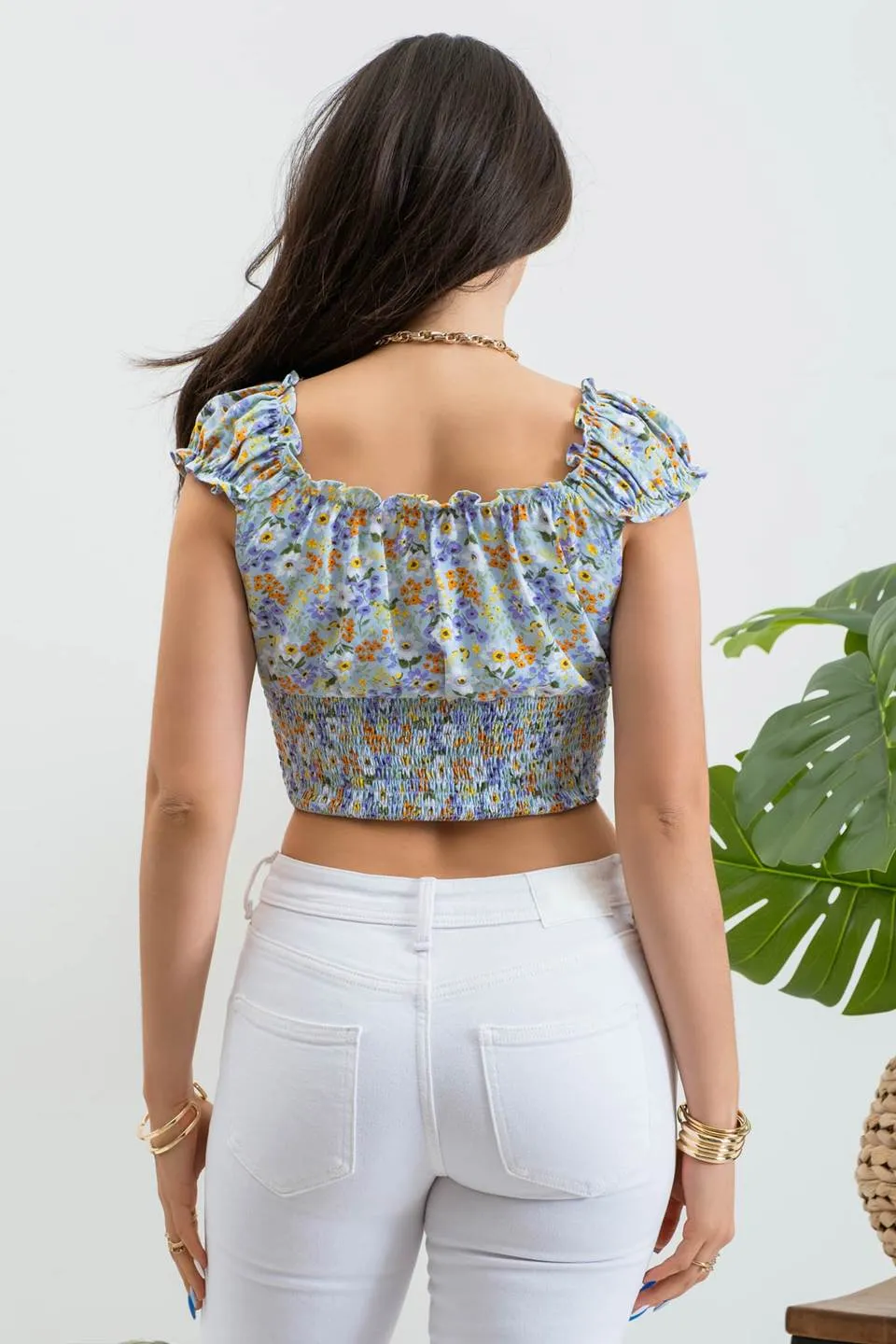 FLORAL RUCHED SLEEVE CROP TOP sold by Blu Pepper product image thumbnail 2