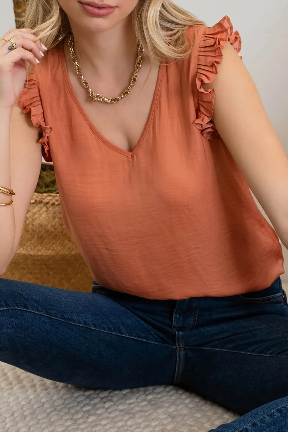 V NECK RUFFLE SHOULDER TRIM SLEEVELESS BLOUSE sold by Blu Pepper product image thumbnail 4