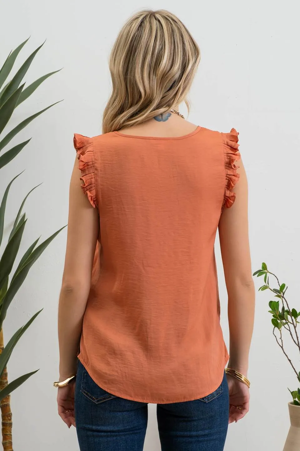 V NECK RUFFLE SHOULDER TRIM SLEEVELESS BLOUSE sold by Blu Pepper product image thumbnail 5