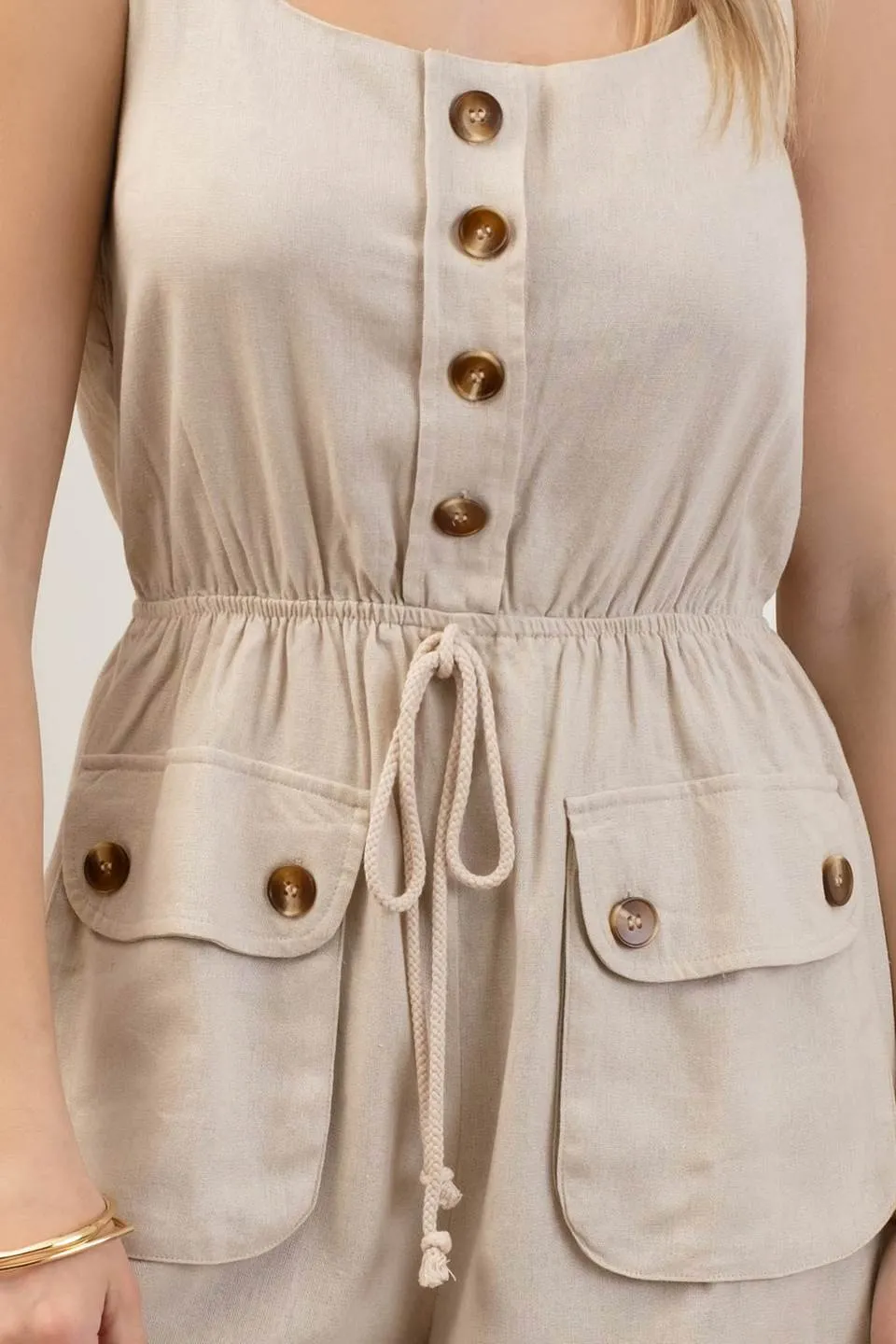 BUTTON DOWN SLEEVELESS DRAWSTRING ROMPER sold by Blu Pepper product image thumbnail 4