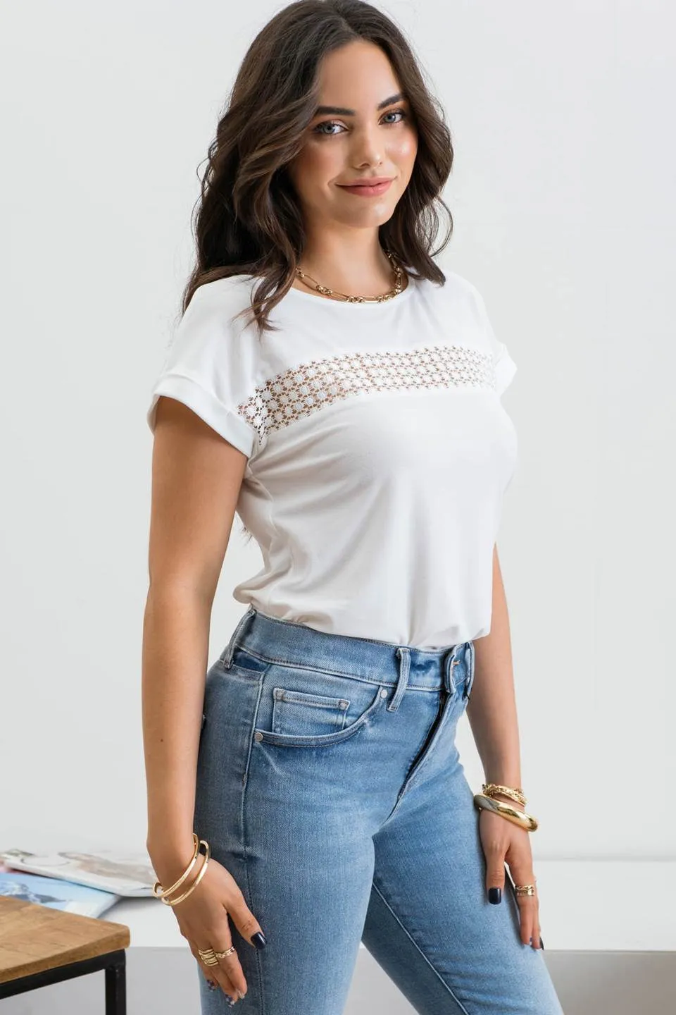BUTTON BACK STRIPE LACE TRIM TOP sold by Blu Pepper product image thumbnail 3