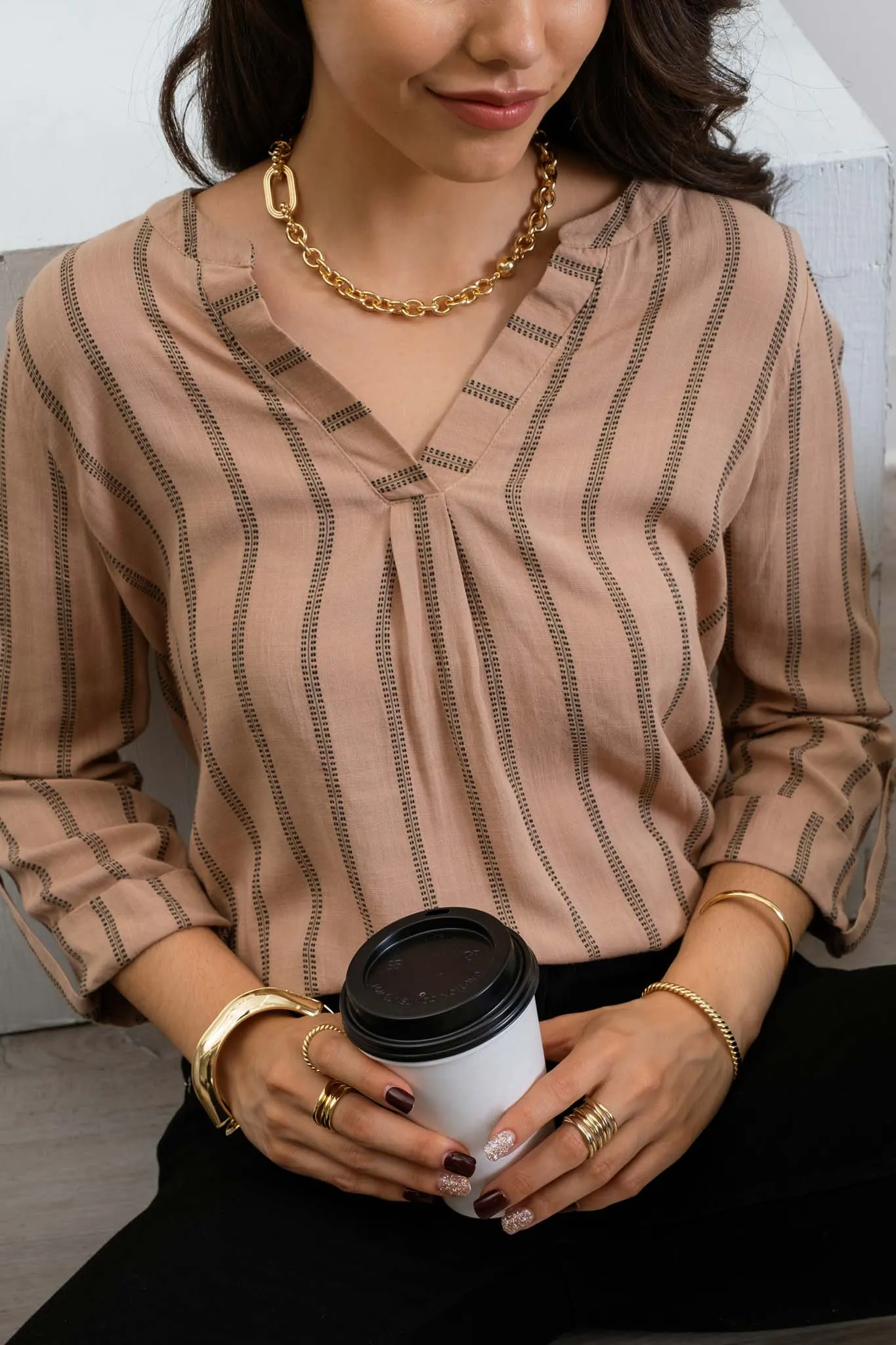 STRIPED BACK BUTTON TOP sold by Blu Pepper