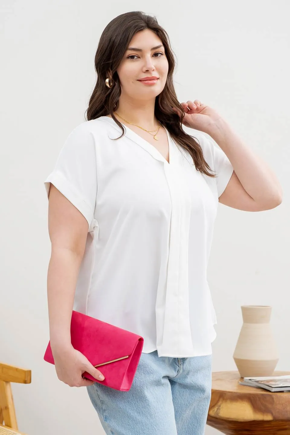 PLUS V NECK COLLAR ROLL UP SLEEVE BLOUSE sold by Blu Pepper product image thumbnail 3